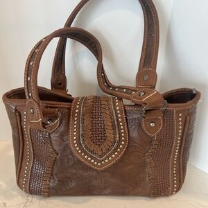 Trinity Ranch Montana West Tooled Leather Satchel Handbag Brown Saddle Detail